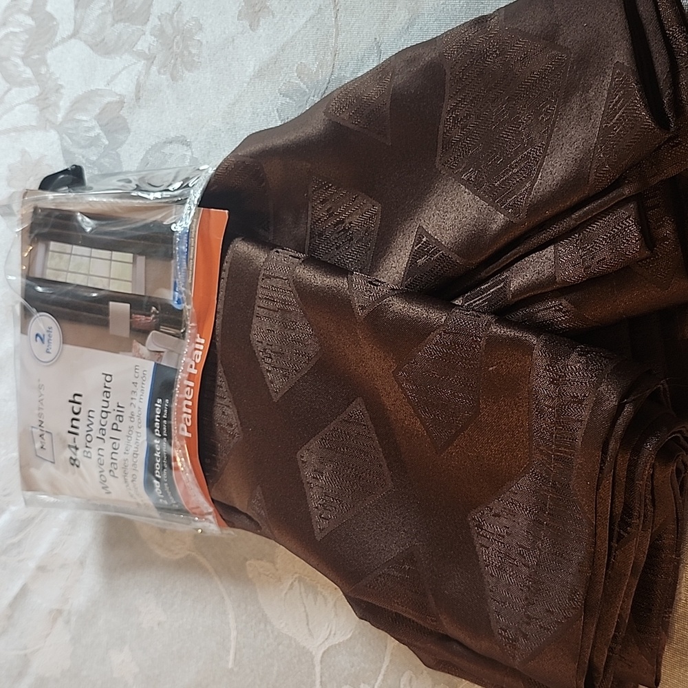 Mainstay NWT Brown Woven Jacquard Panel Curtains - Pair Of Two Rod Pocket Pair
